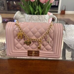 Chic Pink Quilted Small Handbag with Gold Accents